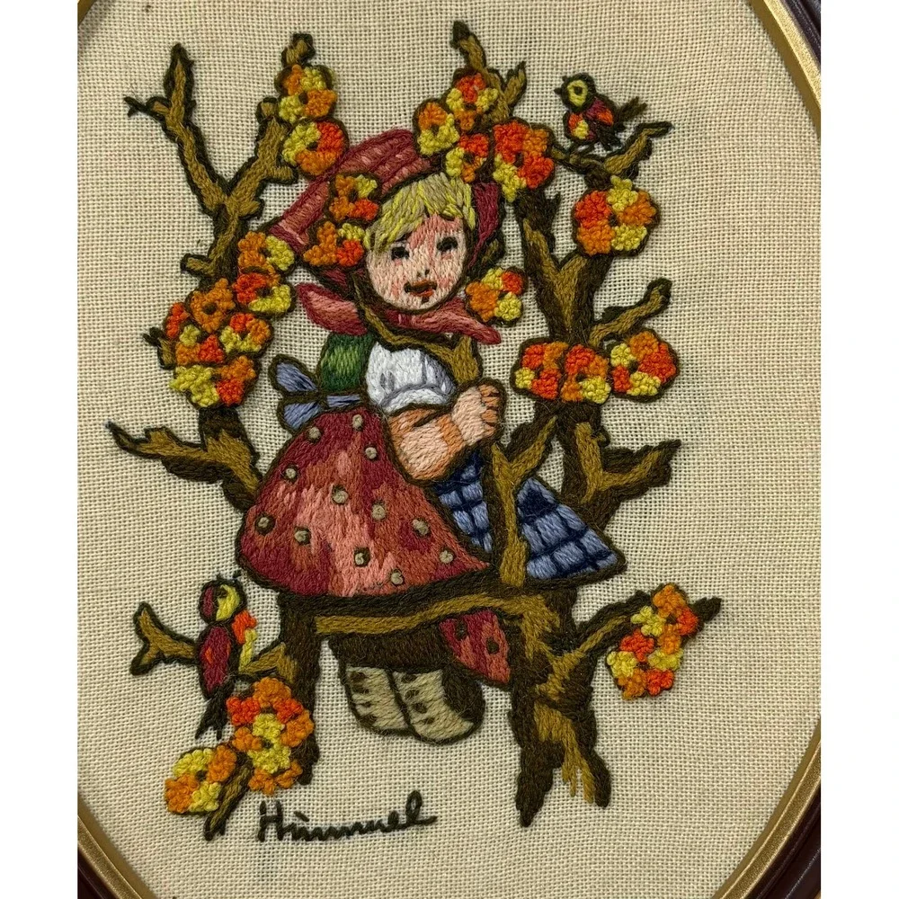 Vintage Hummel Apple Tree Girl Needlepoint Framed Oval Embroidery Wall Art 13x11